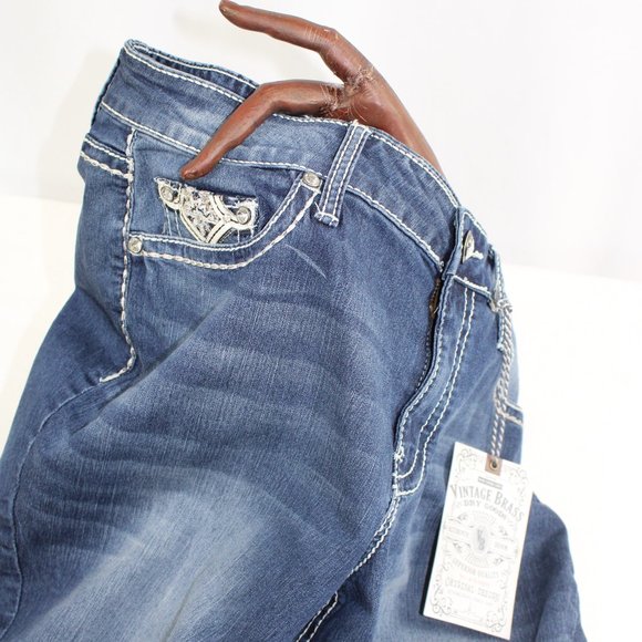 Vintage Brass Denim - NWT Vintage Brass Distressed  Embellish Jeans, 14W